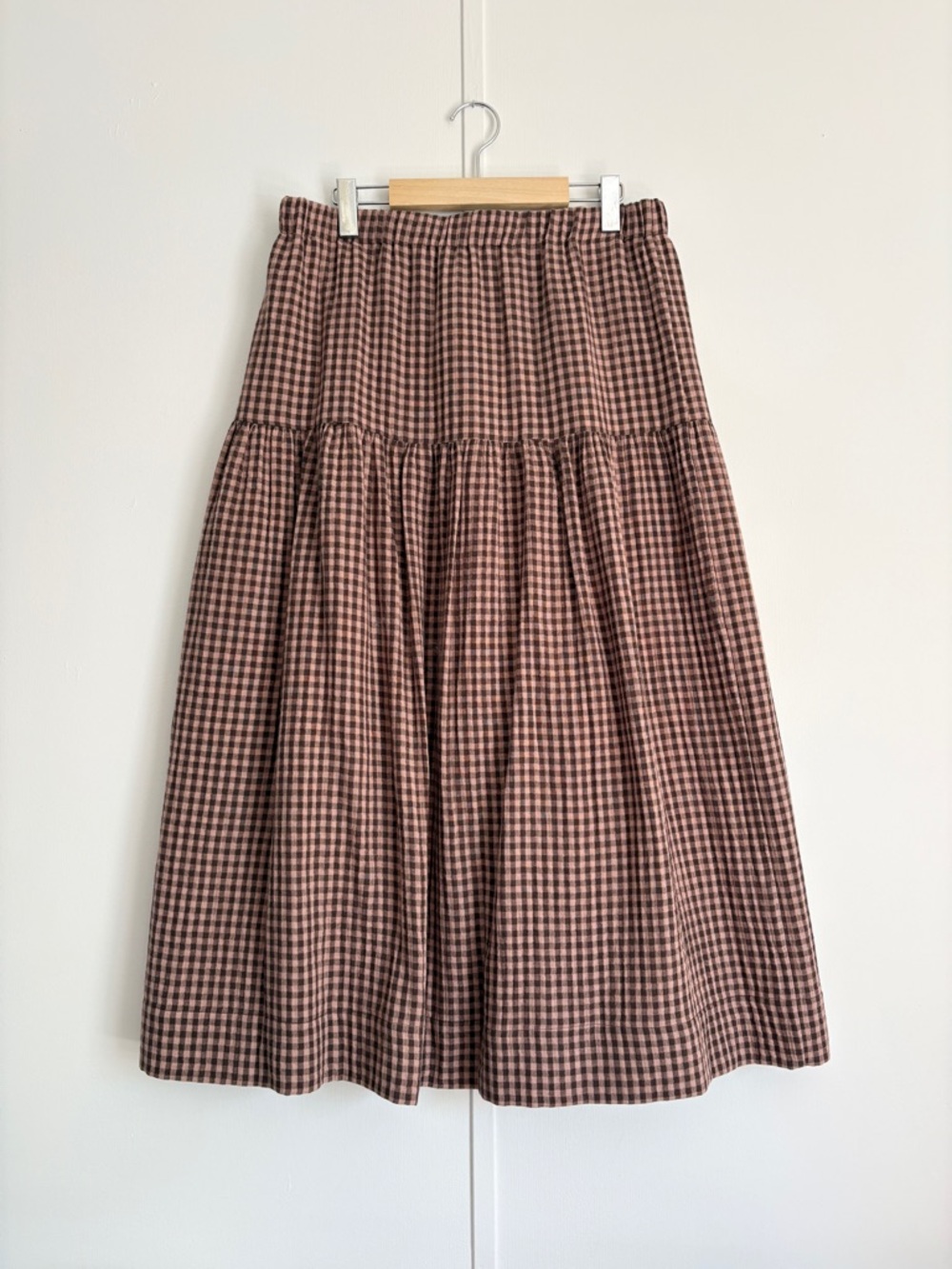 Women's Brown Gingham Tiered Midi Skirt